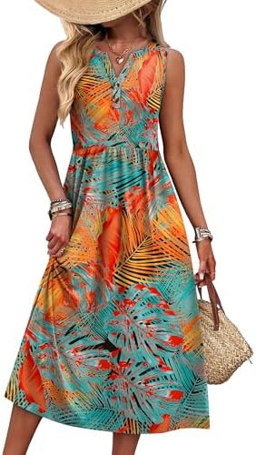 Bold coconut fronds across a breezy sleeveless midi dress keep your warm-weather lineup ready for coastal getaways.