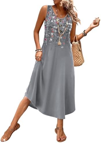 Muted grey floral botanicals soften the relaxed drape of this sleeveless midi dress, finished with practical side pockets.