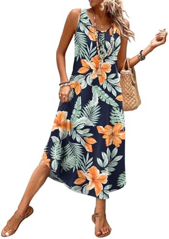 Bright botanical foliage across a breezy midi cut gives this sleeveless dress an easy feel on warm resort days.