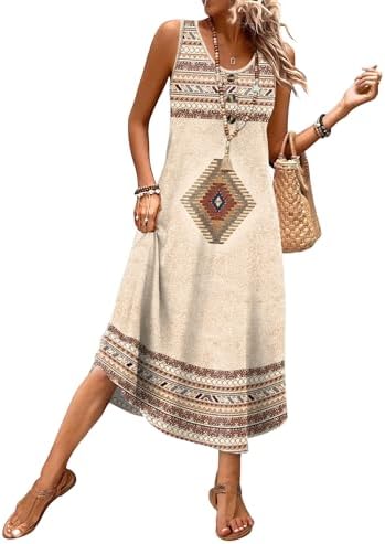 Earth-toned geometric borders run through this lightweight khaki midi sundress, cut with deep side pockets and a breezy relaxed drape.