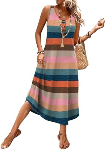 Vibrant multi-tone stripes bring bright energy to this breezy sleeveless midi dress cut with deep side pockets.