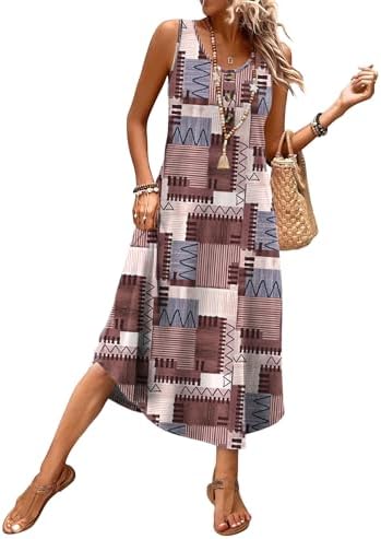 Crisp geometric patterning gives this breezy sleeveless midi dress a graphic edge, finished with roomy side pockets.