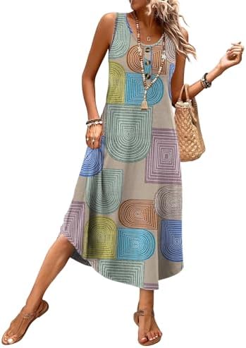 Geometric prints meet an airy midi cut in this sleeveless summer dress with deep side pockets.