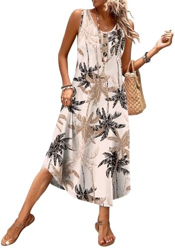 Lush green palm fronds give this airy sleeveless midi a relaxed resort look with practical side pockets.