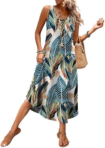 Lush green foliage spreads across deep navy ground on this sleeveless midi dress built for sunlit trips and easy days.