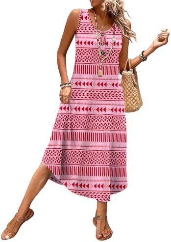 A vivid pink red geometric print gives this breezy sleeveless midi dress a graphic pop for warm days and beach getaways.