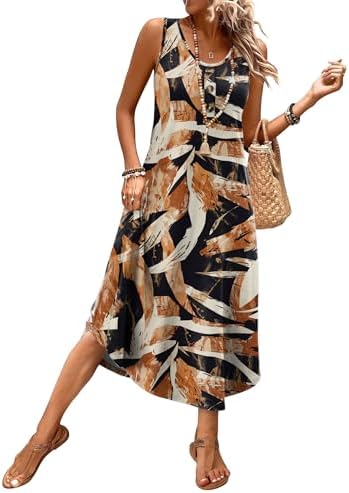 Tonal brown foliage against a warm ground gives this sleeveless midi dress a relaxed tropical feel for sunny getaways.