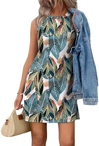 Vibrant tropical palm fronds cover a lightweight jersey sundress cut with side slits for easy movement on warm coastal days.