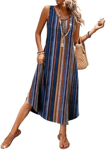 Bright vertical bands of blue and orange give this airy sleeveless midi sundress a sunny, vacation-ready look.