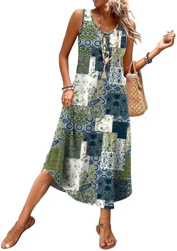 Navy and olive patches give this sleeveless midi dress an earthy look with plenty of breezy swing for hot days.