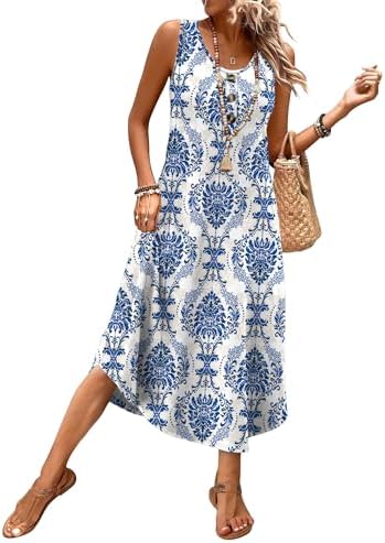 Intricate blue damask print covers this breezy sleeveless midi dress, tailored with deep side pockets for summer days.