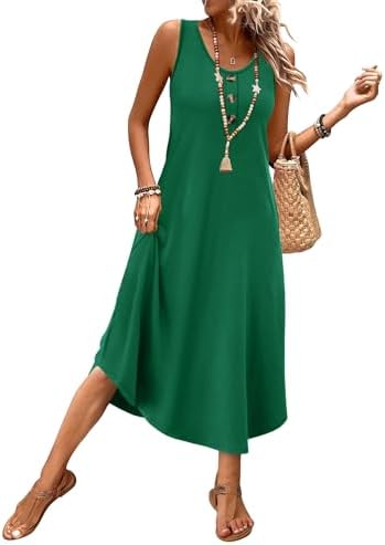 A breezy henley midi dress in solid green, cut sleeveless with functional side pockets for easy summer days.
