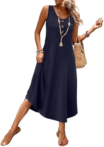 Cut in deep solid navy, this sleeveless midi dress pairs a soft, breathable drape with handy side pockets for warm sunny days.