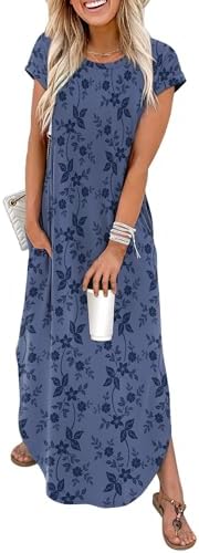 A breezy blue floral print covers this soft rayon-spandex maxi dress, finished with a classic crewneck and gentle arc hem.