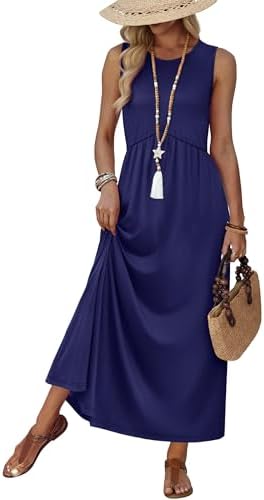 Soft pleats fall from a V-shaped elastic waist on this sleeveless navy maxi cut with deep hidden pockets.