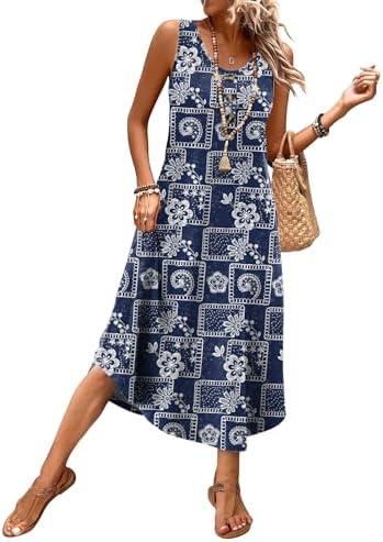 Navy boho motifs cover this sleeveless summer midi dress, cut in a soft lightweight knit with deep side pockets.