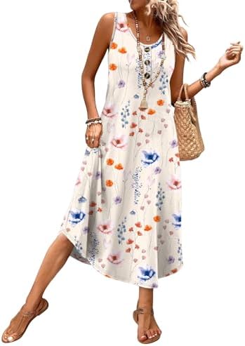 A soft floral midi cut with a breezy sleeveless top, gentle drape through the skirt, and deep side pockets for summer days.