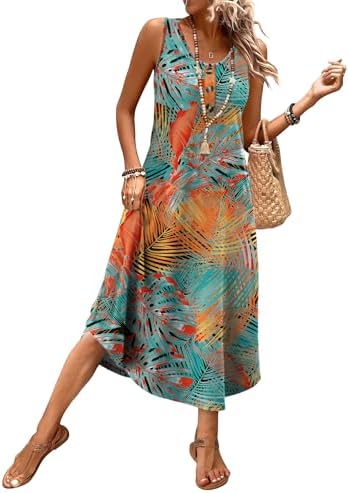 Vibrant teal and warm orange florals bring tropical energy to this breezy sleeveless midi dress with handy side pockets.