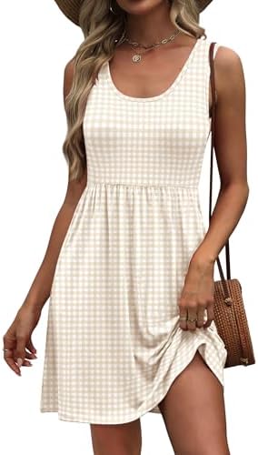 Woven in a neutral beige gingham check, this breezy sleeveless sundress pairs side pockets with an easy A-line sweep.