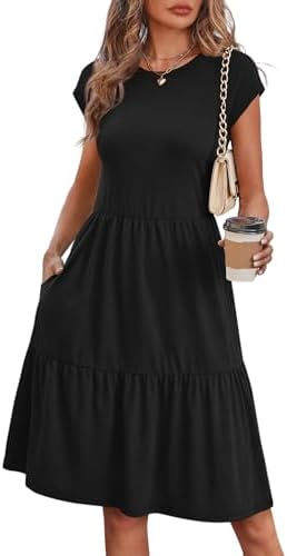 Cut in solid black, this tiered sundress features cap sleeves and side pockets for easy summer movement.