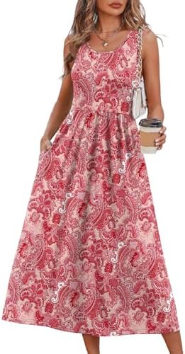 A sleeveless midi sundress in a vivid red paisley print, cut with a scoop neck and a sweeping A-line skirt for warm afternoons.