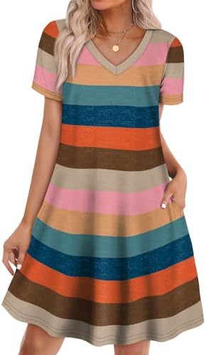Vibrant multicolored stripes run across this soft jersey sundress, cut with short sleeves and deep side pockets for sunny days.