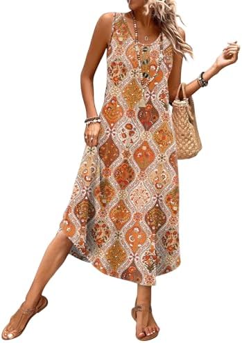 An intricate Persian floral print covers this sleeveless midi sundress, cut with deep side pockets for warm sunny days.