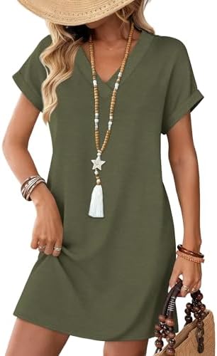 Cut in a lush solid green knit, this relaxed v-neck t-shirt dress features stitched cuff sleeves and handy side-seam pockets.