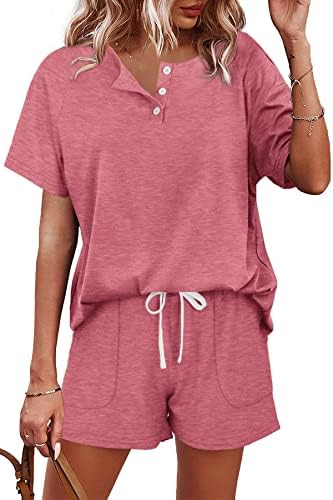Soft pink knit pairs a button-front henley tee with easy drawstring shorts made for relaxed afternoons and warm nights.