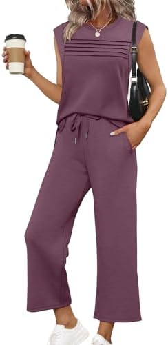 Cut in deep dark purple, this two-piece lounge set pairs a cap-sleeve top with wide-leg cropped pants for easy warm-weather wear.