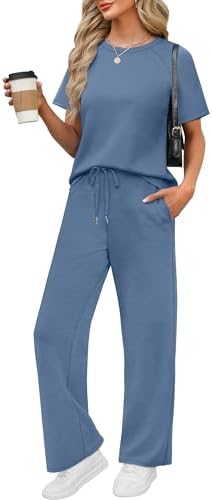 Airy spacer knit gives this grey blue two-piece set a soft, fluid drape that keeps long travel days cool and relaxed.