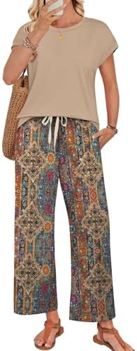 An earthy khaki boho pattern brings subtle western charm to this cap-sleeve top and breezy wide-leg pant set.