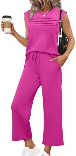 A vivid hot pink two-piece set in light spacer knit with a cap-sleeve top and cropped wide-leg pants.