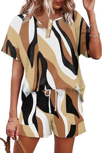 A lively multicolor print covers this soft two-piece set, featuring a breezy button henley top paired with pocketed drawstring shorts.