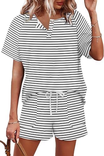 Fine black striping gives this breezy two-piece shorts set a crisp, graphic look for warm days on the move.