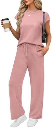 Lightweight pink spacer knit forms this easy two-piece set, pairing a cap-sleeve crew top with fluid, wide-leg drawstring pants.
