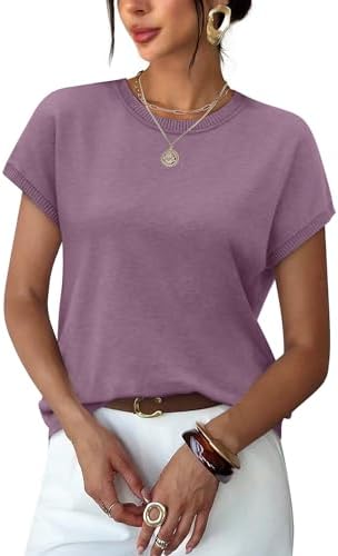 A muted grey purple knit top with relaxed cap sleeves and a crew neck, cut with enough ease for warm teaching days.