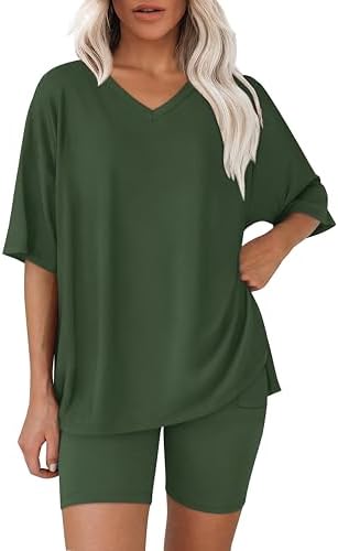 A relaxed green two-piece pairing an oversized V-neck tee with matching biker shorts for easy summer mornings and travel.