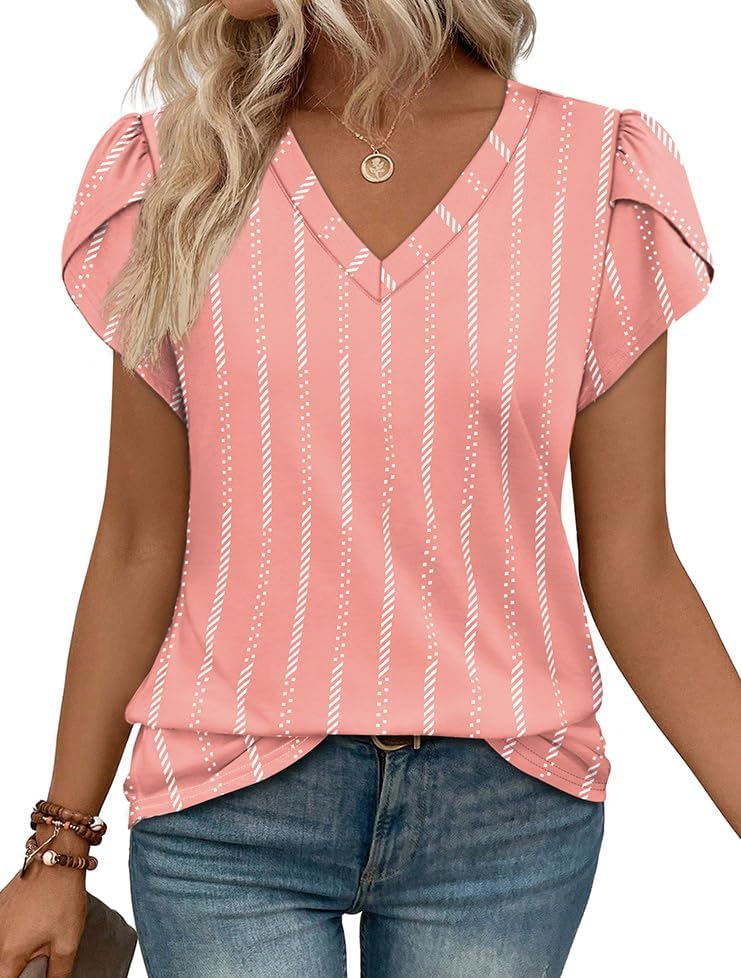 Tonal pink stripes mix with fresh floral blooms on this soft V-neck blouse, finished with overlapping petal sleeves for warm workdays.
