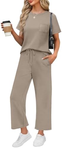 A rich coffee brown two-piece set cut from silky, four-way stretch spacer knit with a crewneck top and cropped wide legs.