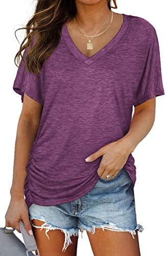 Cut in a rich purple hue, this cross V-neck tee features dolman short sleeves and side shirring for an easy summer drape.