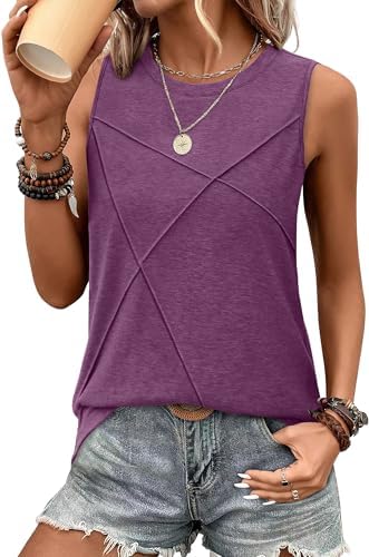 Vertical stitched lines run down the front of this dark purple tank, cut long and loose for hot summer afternoons.
