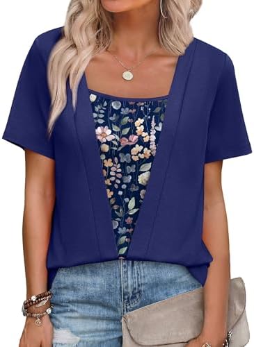 A built-in layered hem and deep navy floral print give this short sleeve tee the appearance of two coordinated pieces in one step.