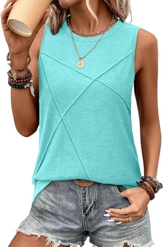 A cool aqua sleeveless tank cut loose and long through the body, detailed with textured vertical lines down the front.