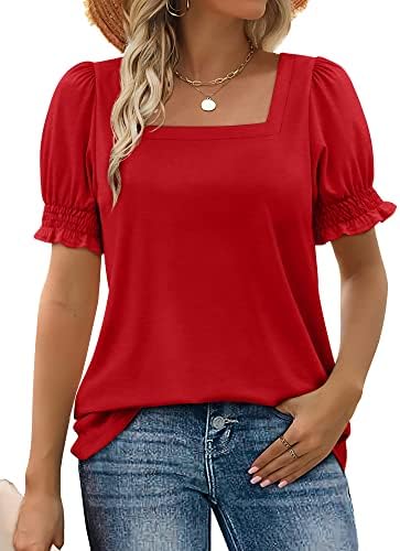 A bright red summer top with an open square neckline and soft ruffle sleeves that pair easily with dark denim or tailored slacks.
