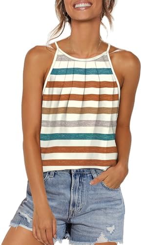 Crisp orange stripes run across this airy halter tank, cut with front pleats and a curved hem for hot summer days.