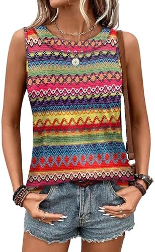 Horizontal stripes in a sunbaked multicolor print bring easy rhythm to this curved-hem summer tank.