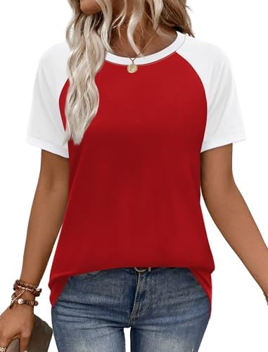 A crisp white body meets bold red raglan sleeves on this easy summer tee, cut for warm days and resort packing.