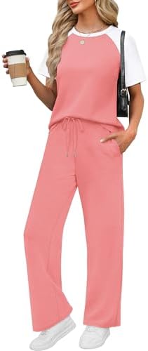 A color block top in coral paired with wide leg pants in a breezy spacer knit makes travel mornings easy.