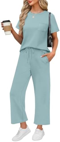 Cool lake blue spacer knit makes this cropped wide-leg set light enough for long flights and sunny resort afternoons.